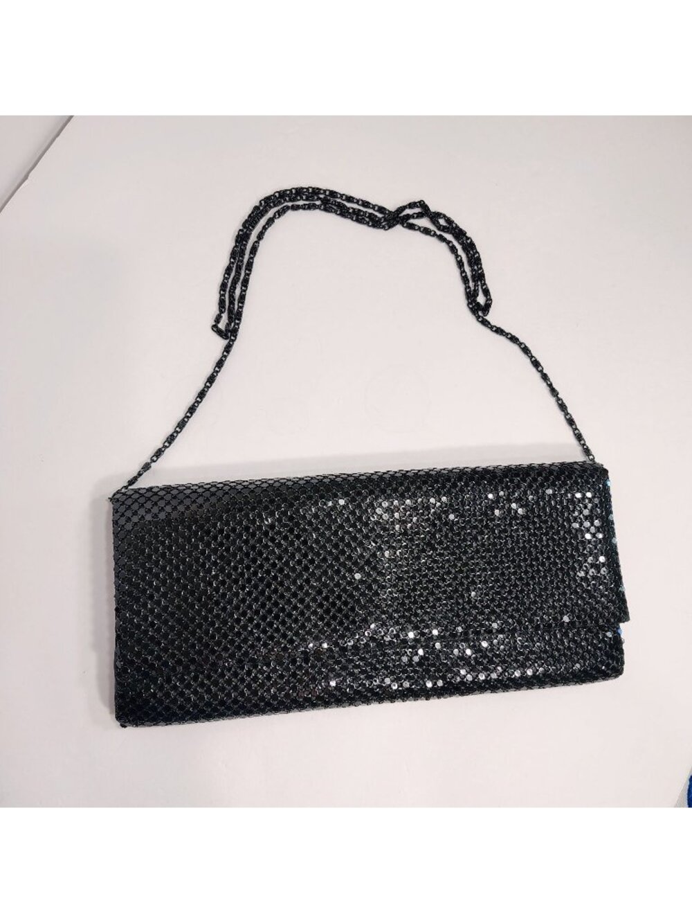 Black Mesh Clutch Purse Chain Strap Magnetic Snap Closure Zipper Interior Pocket